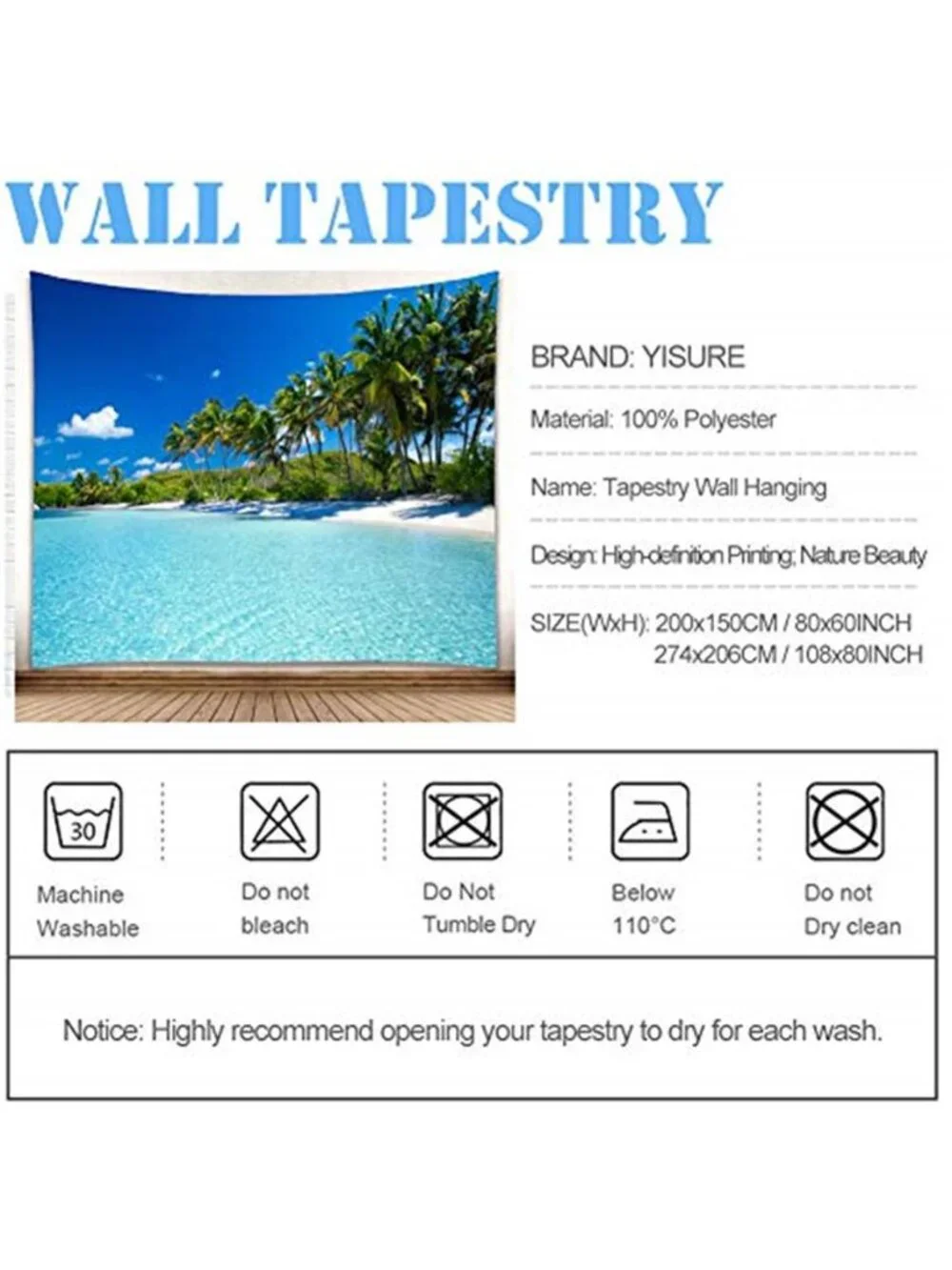 Ocean Beach Tapestry Wall Hanging Tropical Paradise Palm, 80x60 Inches